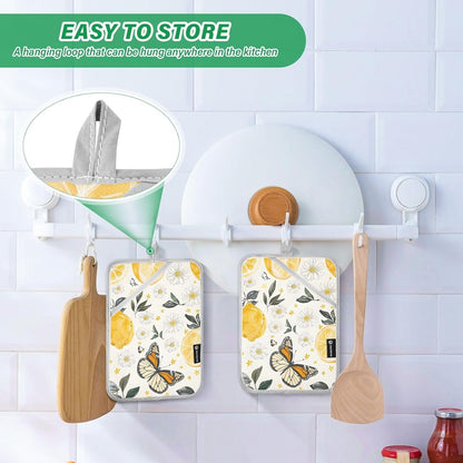 Lemons Flowers and Butterflies 2 Pack Pot Holders for Kitchen, Heat Resistance Oven Mitts and Potholder Sets, Oven Hot Pads for Man Women Home Cooking