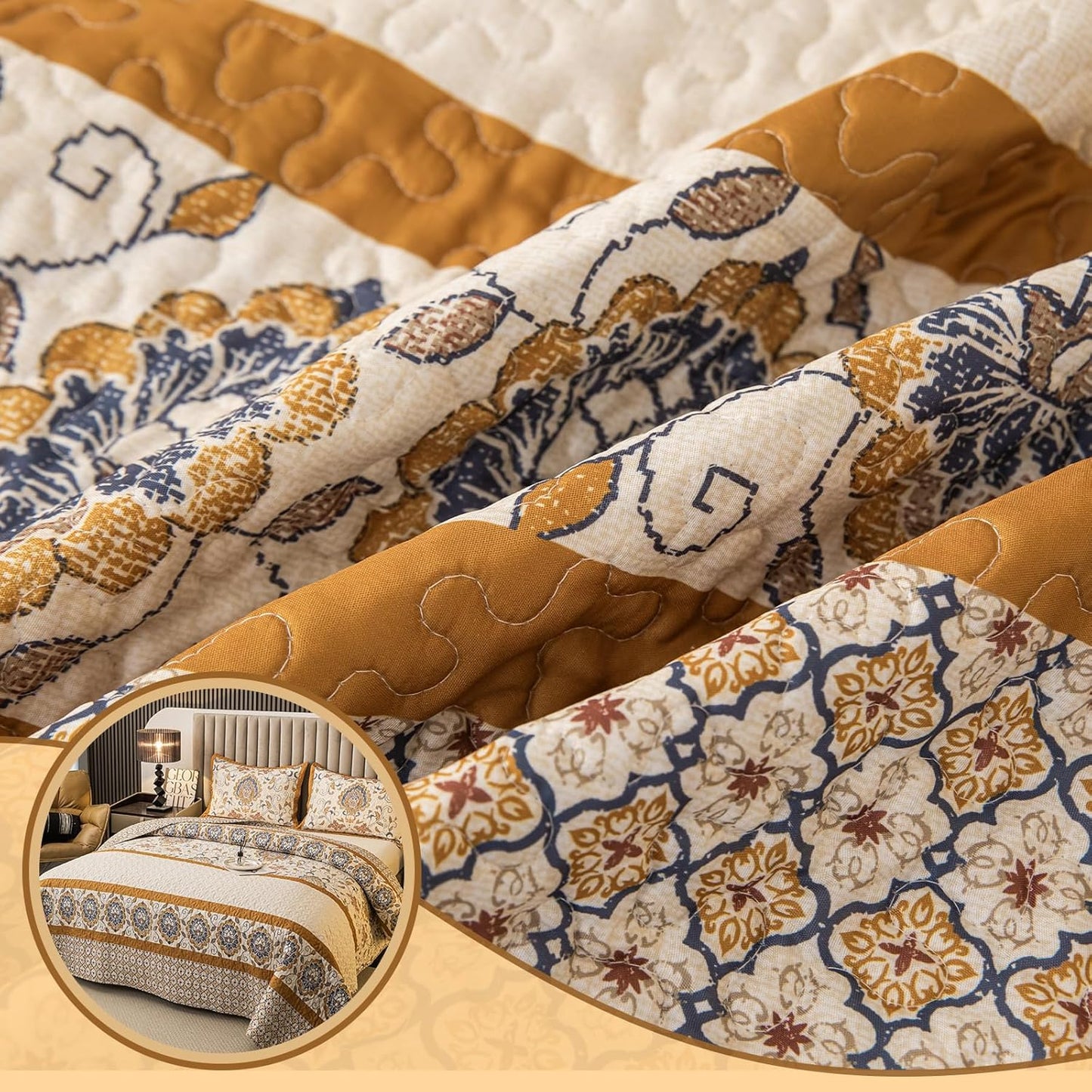 Bohemian Twin Size Comforter Quilt Sets -2 Pieces Red Quilts (1Quilt,1 Pillow Shams) with Reversible Bedspreads Bohemian Patchwork Bedding Set Sleep Companion(Yellow)