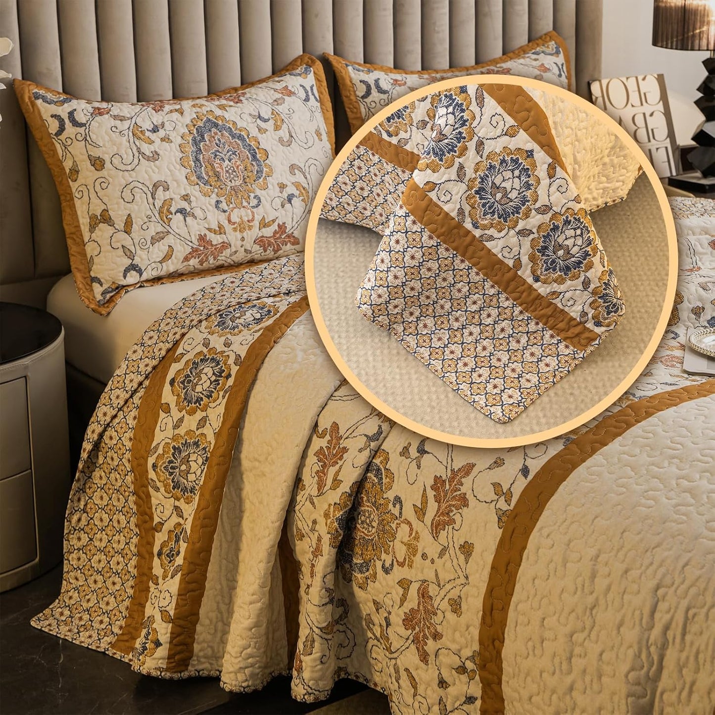 Bohemian Twin Size Comforter Quilt Sets -2 Pieces Red Quilts (1Quilt,1 Pillow Shams) with Reversible Bedspreads Bohemian Patchwork Bedding Set Sleep Companion(Yellow)