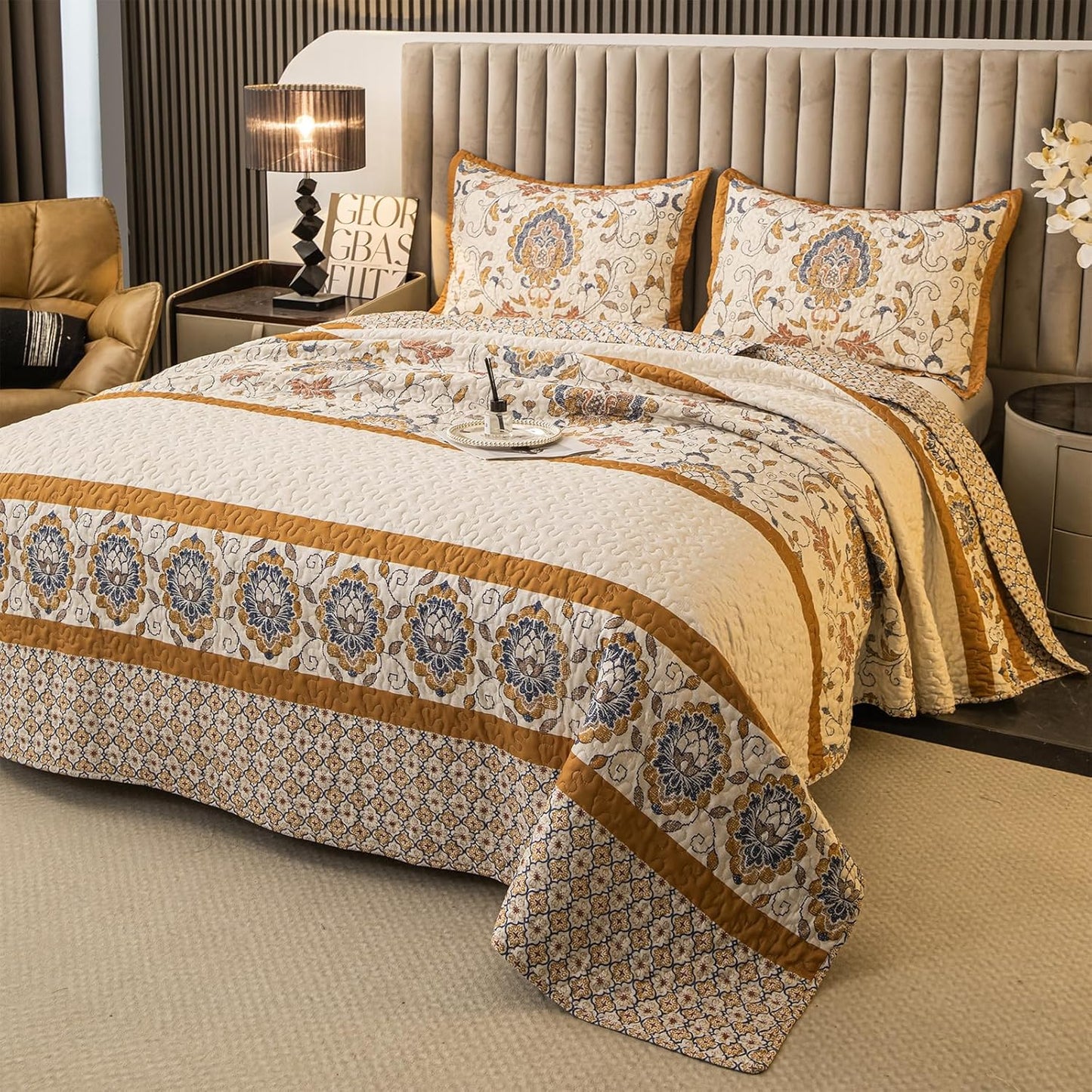 Bohemian Twin Size Comforter Quilt Sets -2 Pieces Red Quilts (1Quilt,1 Pillow Shams) with Reversible Bedspreads Bohemian Patchwork Bedding Set Sleep Companion(Yellow)