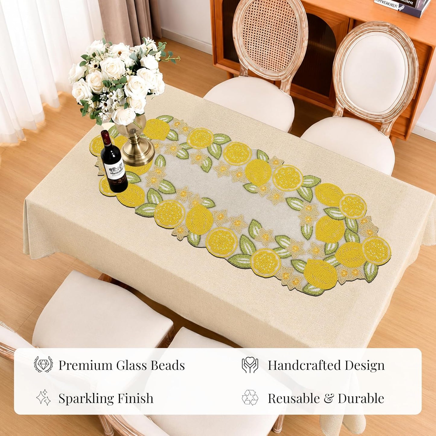 Beaded Table Runner 13x36 Inch Beaded Runner - Premium Glass Beads & Polyester Ideal for Wedding Home Décor Christmas & Family Gathering (Yellow Light Green)