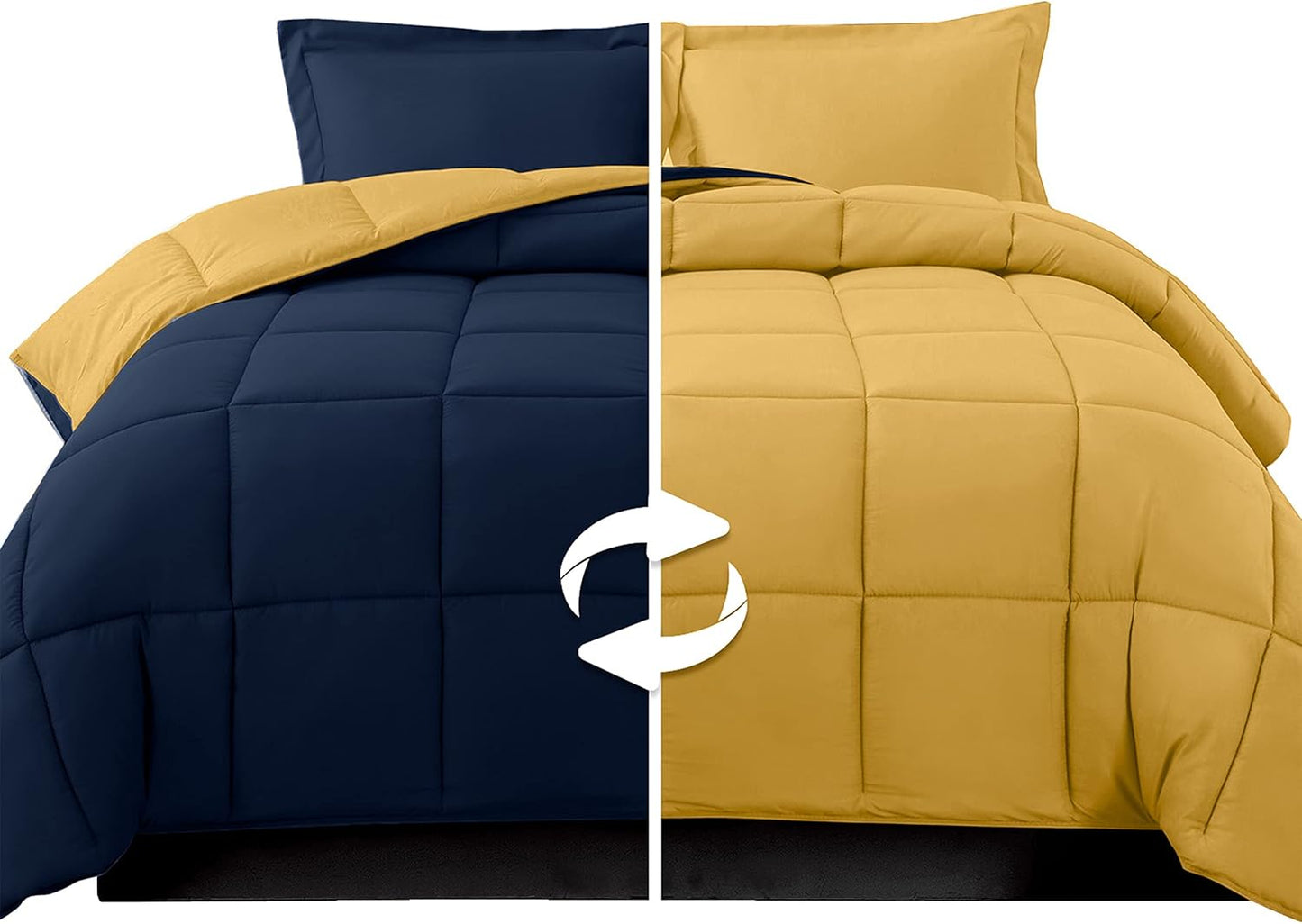 3-Piece Reversible Comforter Set, All Season Cozy, Soft Down Alternative, Quilted - Box Stitched - Duvet Insert with 4 Corner Tabs, Comforter with Shams, Twin XL, Navy/Yellow
