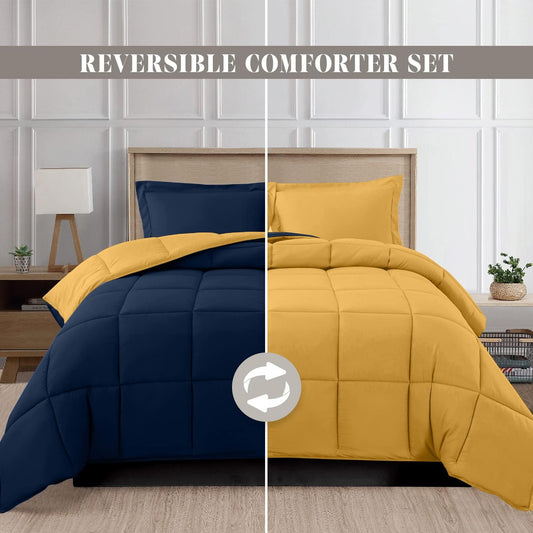 3-Piece Reversible Comforter Set, All Season Cozy, Soft Down Alternative, Quilted - Box Stitched - Duvet Insert with 4 Corner Tabs, Comforter with Shams, Twin XL, Navy/Yellow