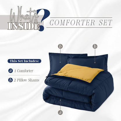 3-Piece Reversible Comforter Set, All Season Cozy, Soft Down Alternative, Quilted - Box Stitched - Duvet Insert with 4 Corner Tabs, Comforter with Shams, Twin XL, Navy/Yellow