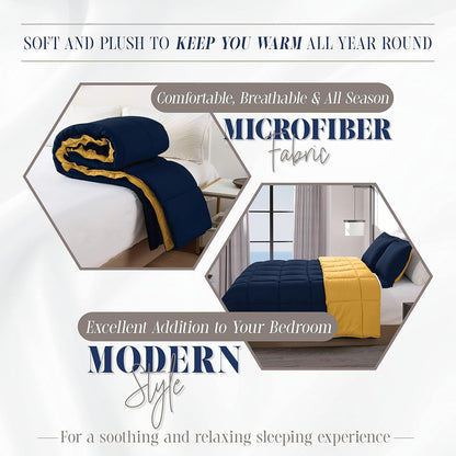 3-Piece Reversible Comforter Set, All Season Cozy, Soft Down Alternative, Quilted - Box Stitched - Duvet Insert with 4 Corner Tabs, Comforter with Shams, Twin XL, Navy/Yellow
