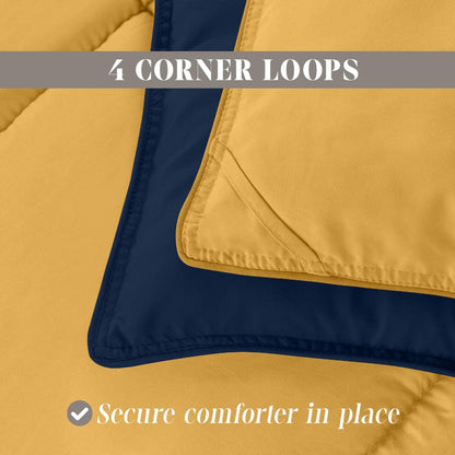 3-Piece Reversible Comforter Set, All Season Cozy, Soft Down Alternative, Quilted - Box Stitched - Duvet Insert with 4 Corner Tabs, Comforter with Shams, Twin XL, Navy/Yellow