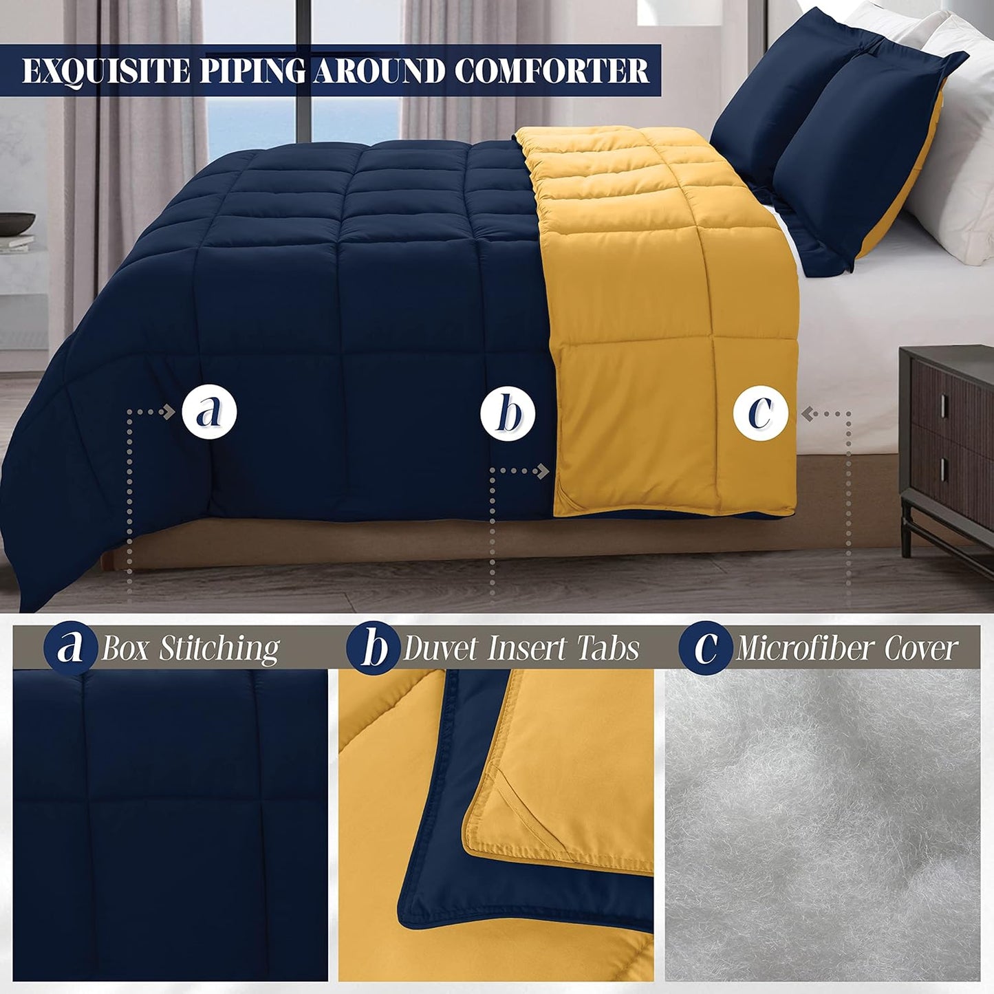 3-Piece Reversible Comforter Set, All Season Cozy, Soft Down Alternative, Quilted - Box Stitched - Duvet Insert with 4 Corner Tabs, Comforter with Shams, Twin XL, Navy/Yellow