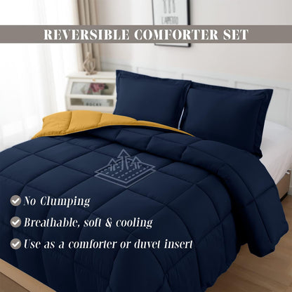 3-Piece Reversible Comforter Set, All Season Cozy, Soft Down Alternative, Quilted - Box Stitched - Duvet Insert with 4 Corner Tabs, Comforter with Shams, Twin XL, Navy/Yellow