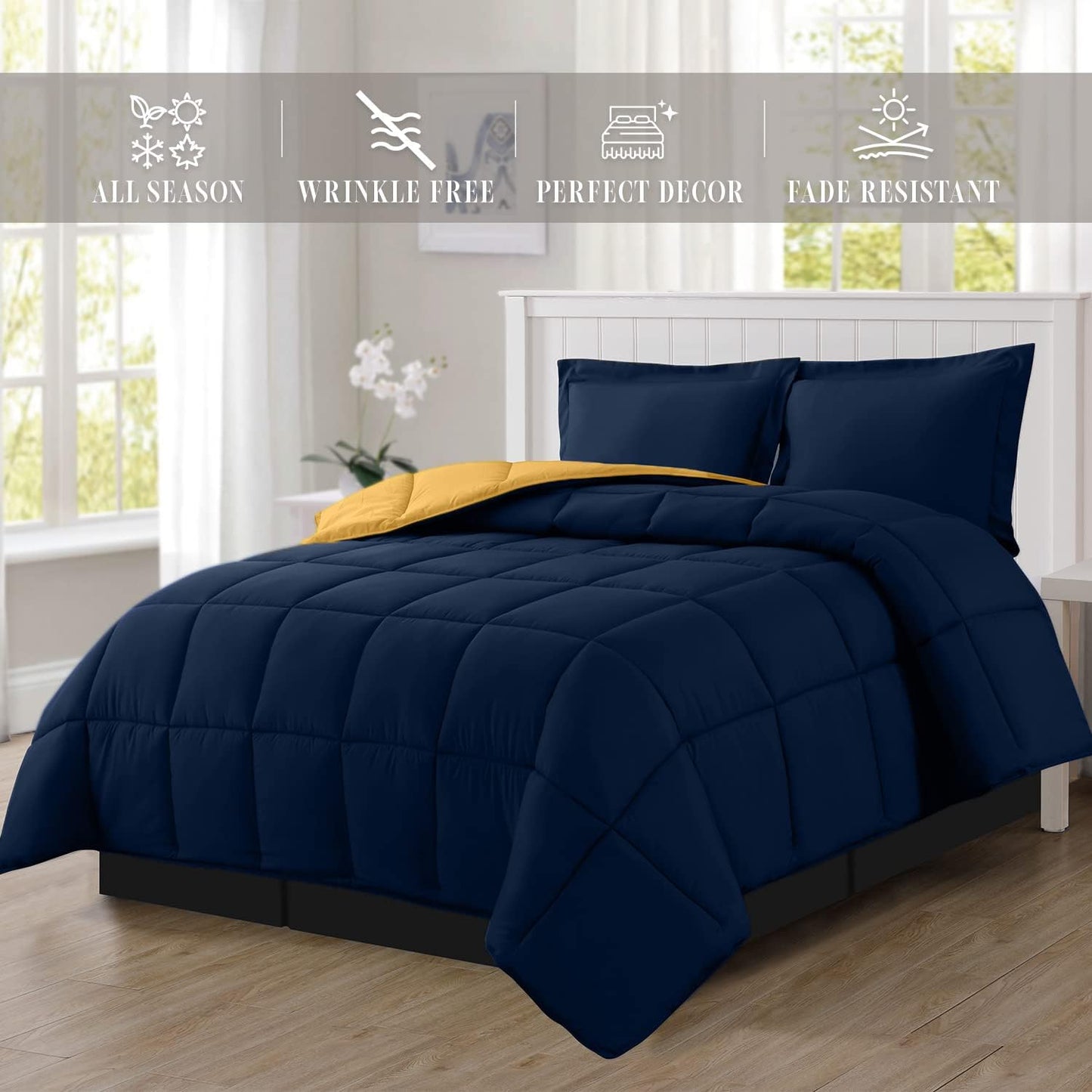 3-Piece Reversible Comforter Set, All Season Cozy, Soft Down Alternative, Quilted - Box Stitched - Duvet Insert with 4 Corner Tabs, Comforter with Shams, Twin XL, Navy/Yellow