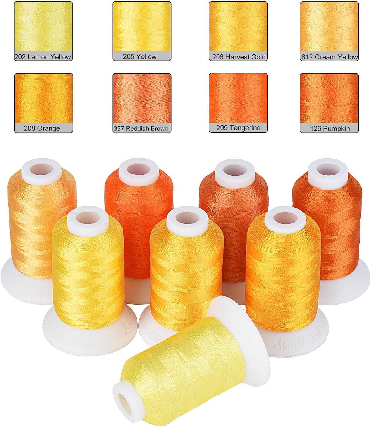8 Shades 550Yds Each 40WT Polyester Embroidery Thread Yellow Set | 8-shade yellow set with 550Yds each offers smooth 40WT polyester thread for home and commercial embroidery machines.