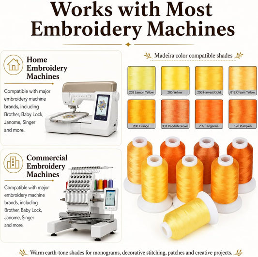 8 Shades 550Yds Each 40WT Polyester Embroidery Thread Yellow Set | 8-shade yellow set with 550Yds each offers smooth 40WT polyester thread for home and commercial embroidery machines.