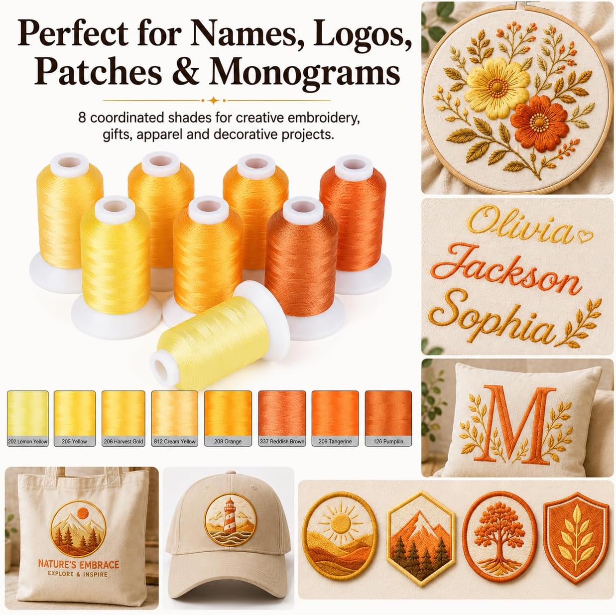 8 Shades 550Yds Each 40WT Polyester Embroidery Thread Yellow Set | 8-shade yellow set with 550Yds each offers smooth 40WT polyester thread for home and commercial embroidery machines.