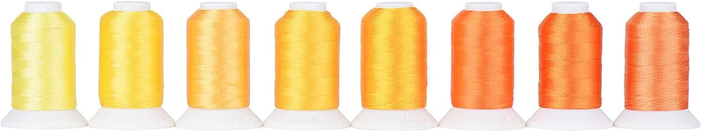 8 Shades 550Yds Each 40WT Polyester Embroidery Thread Yellow Set | 8-shade yellow set with 550Yds each offers smooth 40WT polyester thread for home and commercial embroidery machines.