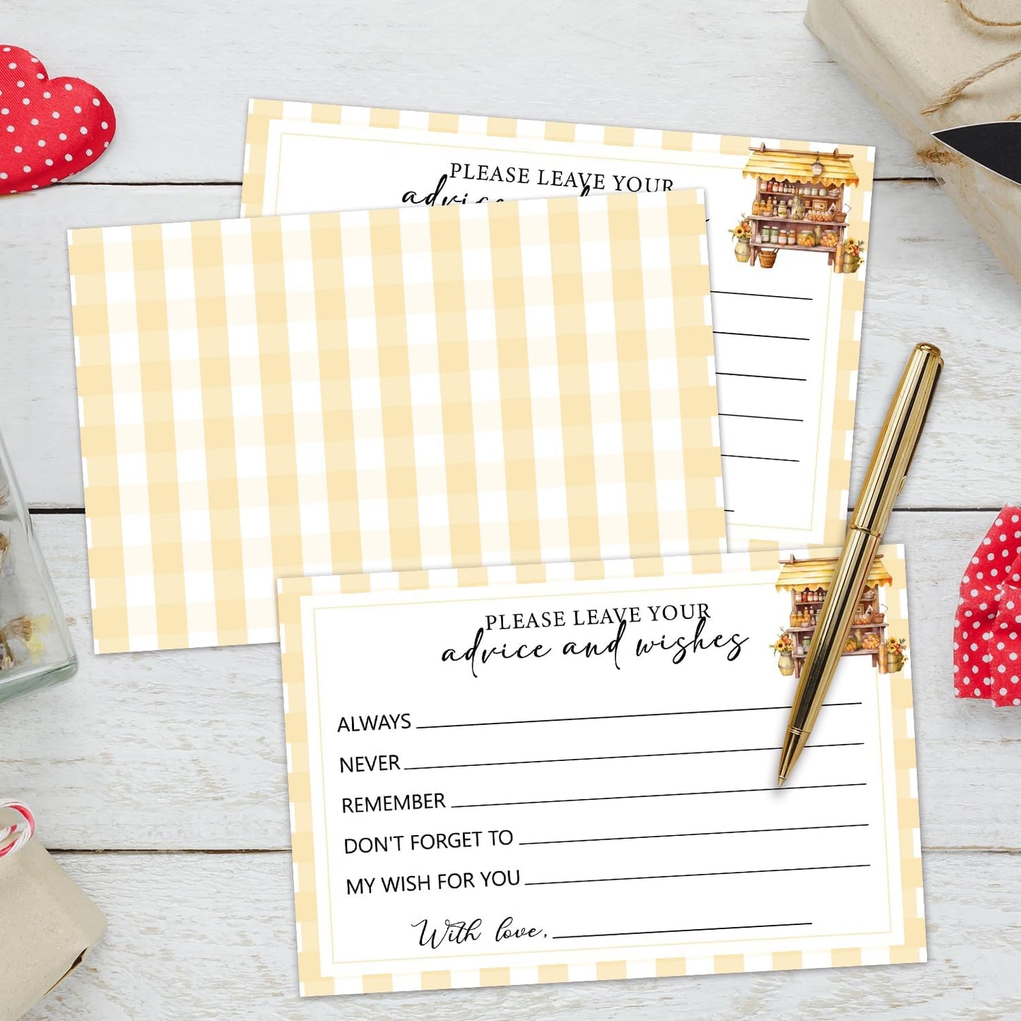 Set of 25 Yellow Plaid Advice and Wishes Cards - Words of Wisdom Guest Book for Newlyweds Bridal Shower Wedding Retirement Grad Fill in Style Invites Cards -T003
