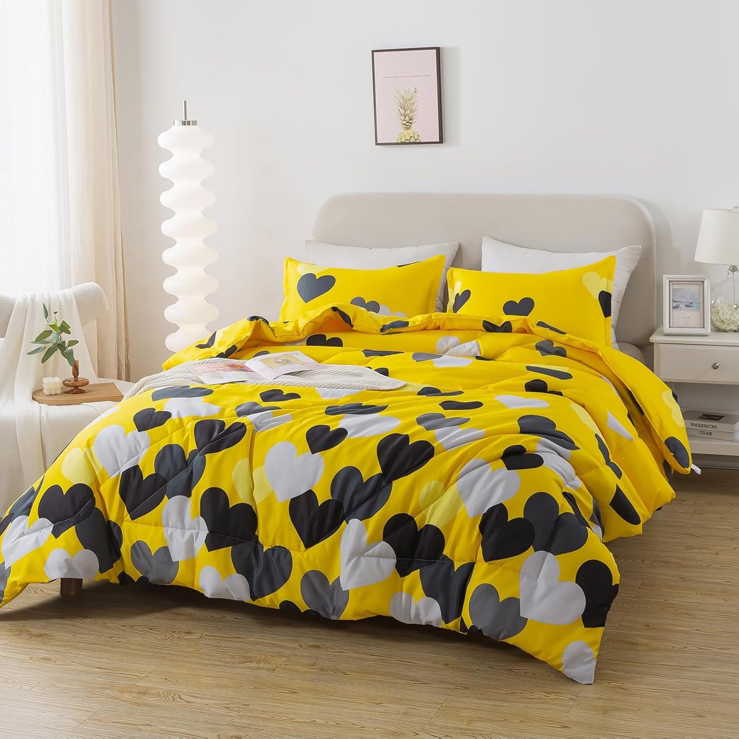 3 Pieces Full Size Comforter Set for Boys Farmhouse Yellow Bedding Set with Black Heart All Season Fluffy Soft Lightweight(1 Comforter & 2 Pillowshams)