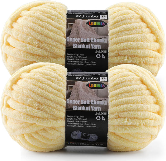 2-Pack Super Soft Chunky Yarn for Crocheting Blankets - 7oz/76.4yd Total, Thick & Plush Chenille Yarn for Quick Baby Projects, Amigurumi, Scarves, Soft Yellow