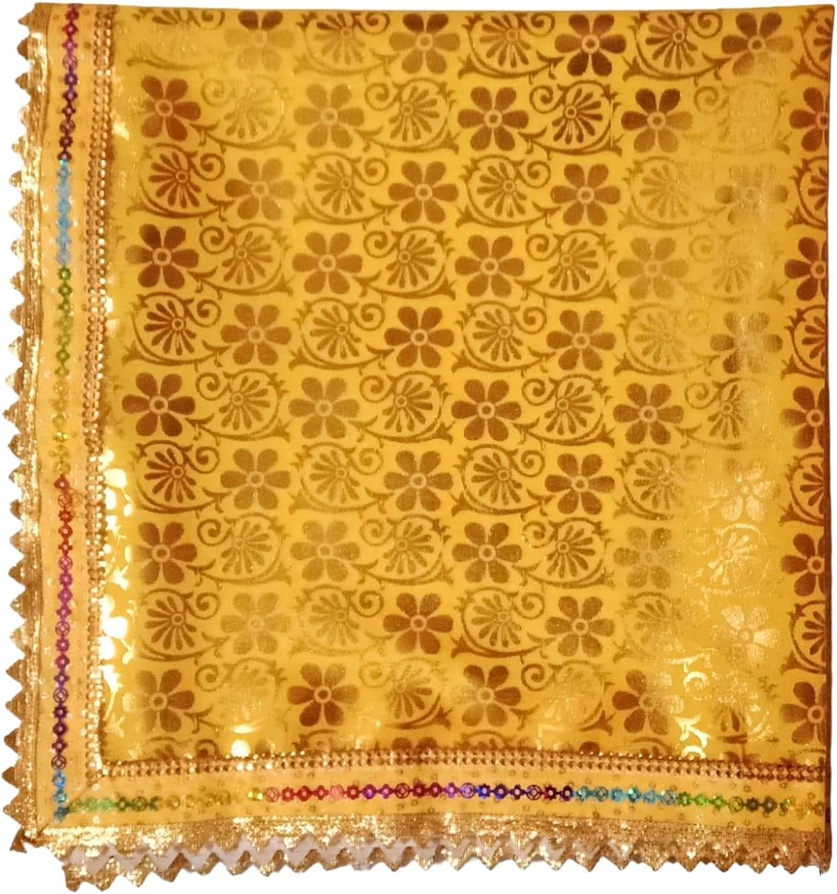 Yellow Pooja Aasan Cloth 40x40 Inch, Golden Floral Printed Chowki Cloth with Lace Border, Puja Altar Cloth for Home Mandir and Temple