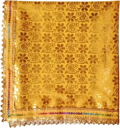 Yellow Pooja Aasan Cloth 40x40 Inch, Golden Floral Printed Chowki Cloth with Lace Border, Puja Altar Cloth for Home Mandir and Temple