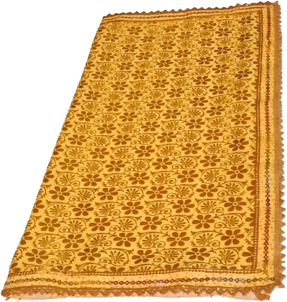 Yellow Pooja Aasan Cloth 40x40 Inch, Golden Floral Printed Chowki Cloth with Lace Border, Puja Altar Cloth for Home Mandir and Temple