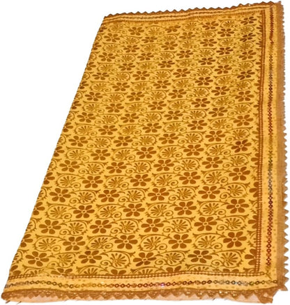 Yellow Pooja Aasan Cloth 40x40 Inch, Golden Floral Printed Chowki Cloth with Lace Border, Puja Altar Cloth for Home Mandir and Temple