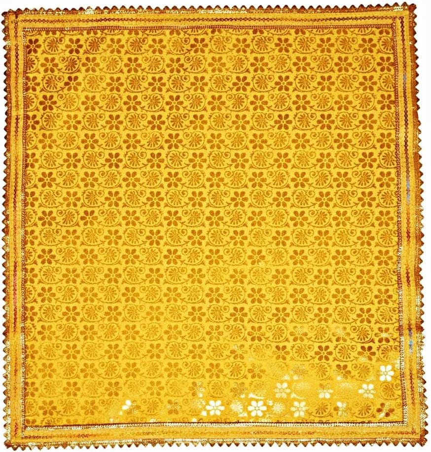 Yellow Pooja Aasan Cloth 40x40 Inch, Golden Floral Printed Chowki Cloth with Lace Border, Puja Altar Cloth for Home Mandir and Temple