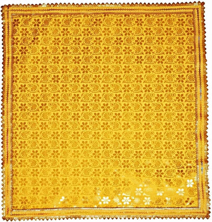 Yellow Pooja Aasan Cloth 40x40 Inch, Golden Floral Printed Chowki Cloth with Lace Border, Puja Altar Cloth for Home Mandir and Temple