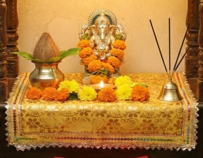 Yellow Pooja Aasan Cloth 40x40 Inch, Golden Floral Printed Chowki Cloth with Lace Border, Puja Altar Cloth for Home Mandir and Temple