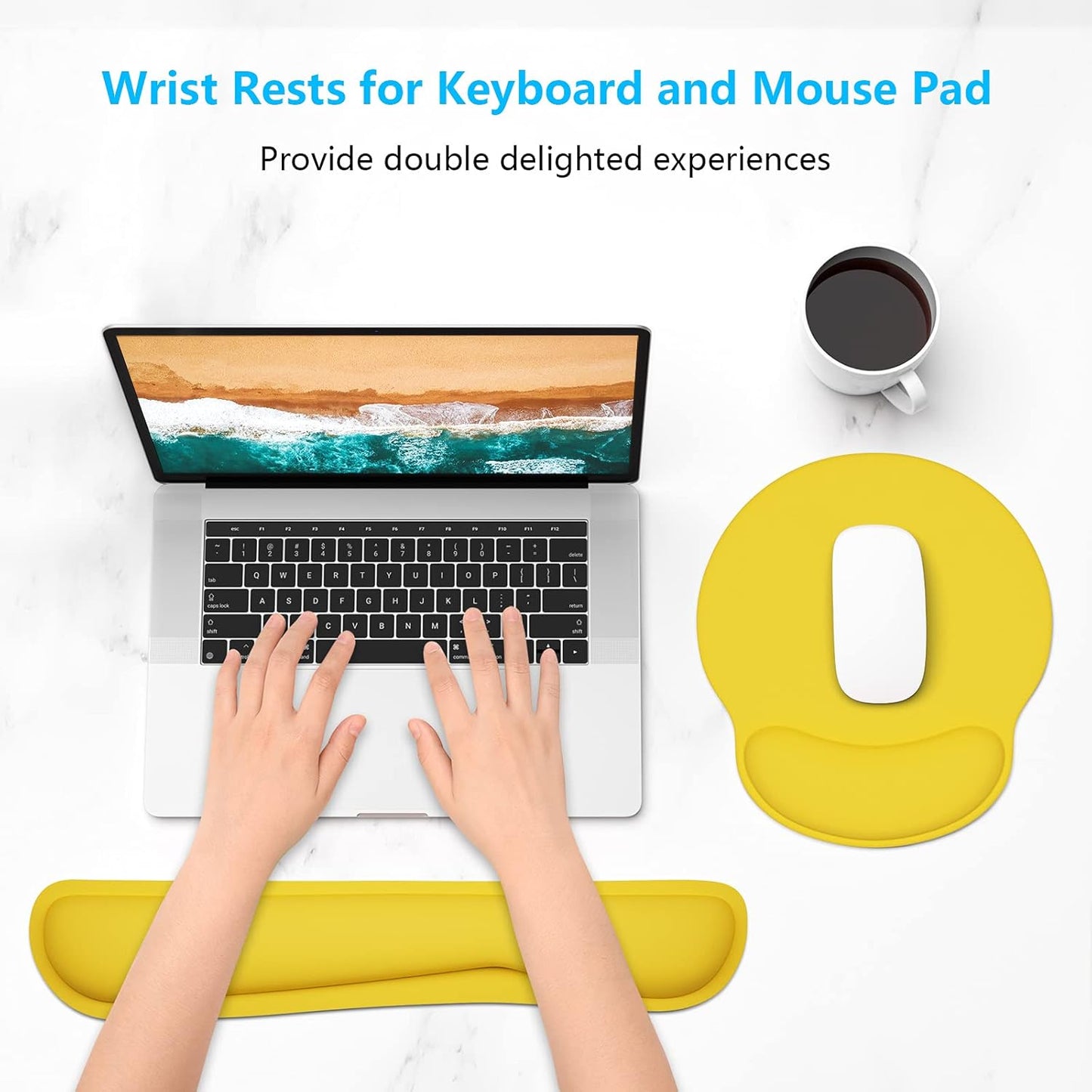 Keyboard Wrist Rest and Mouse Pad with Wrist Support, Cute Memory Foam Cushion for Keyboard and Mouse Set, Desktop Pad Rests with Non Slip Base for Easy Typing & Pain Relief, Apricot Yellow