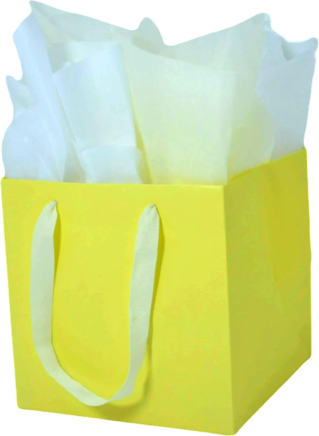 Medium Square Gift Bags with Tissue Paper, Yellow, 2 PK, 7.87 IN | Paper Bags with Handles for Birthday, Wedding, Party Favors, Presents, Flowers, Shopping, Gift Wrap, Anniversary