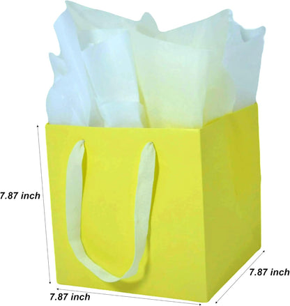Medium Square Gift Bags with Tissue Paper, Yellow, 2 PK, 7.87 IN | Paper Bags with Handles for Birthday, Wedding, Party Favors, Presents, Flowers, Shopping, Gift Wrap, Anniversary