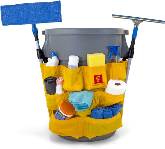 Trash Can Caddy Bag | Brute/Uline Compatible | Fits 32-55 Gallon Can XL Size | 12 Pockets | Heavy Duty Vinyl | Cleaning Supplies Caddy Organizer.
