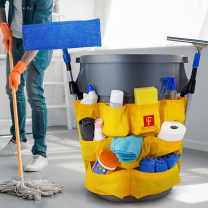 Trash Can Caddy Bag | Brute/Uline Compatible | Fits 32-55 Gallon Can XL Size | 12 Pockets | Heavy Duty Vinyl | Cleaning Supplies Caddy Organizer.