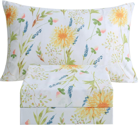 Boho Floral Printed Twin Sheet Set Extra Deep Pocket | 3 Piece Soft Botanical Microfiber Sheets, OEKO-TEX Certified, Easy Care