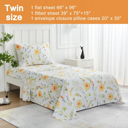 Boho Floral Printed Twin Sheet Set Extra Deep Pocket | 3 Piece Soft Botanical Microfiber Sheets, OEKO-TEX Certified, Easy Care