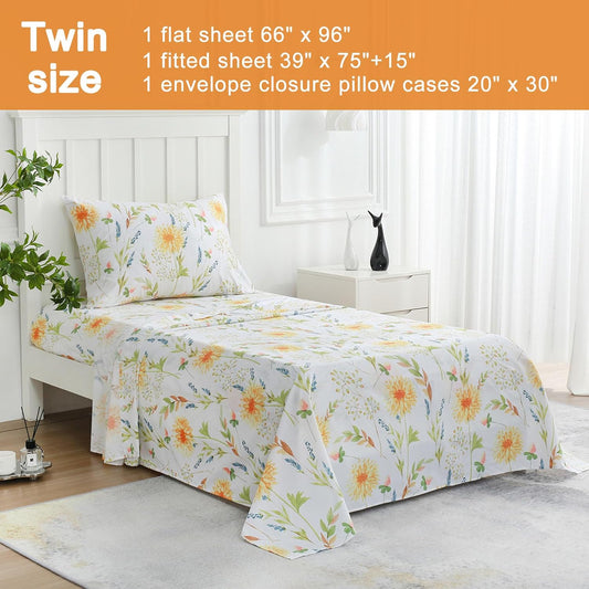 Boho Floral Printed Twin Sheet Set Extra Deep Pocket | 3 Piece Soft Botanical Microfiber Sheets, OEKO-TEX Certified, Easy Care