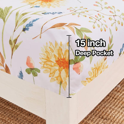 Boho Floral Printed Twin Sheet Set Extra Deep Pocket | 3 Piece Soft Botanical Microfiber Sheets, OEKO-TEX Certified, Easy Care