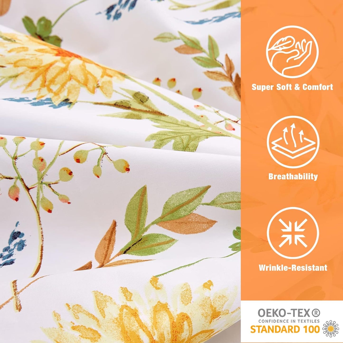 Boho Floral Printed Twin Sheet Set Extra Deep Pocket | 3 Piece Soft Botanical Microfiber Sheets, OEKO-TEX Certified, Easy Care