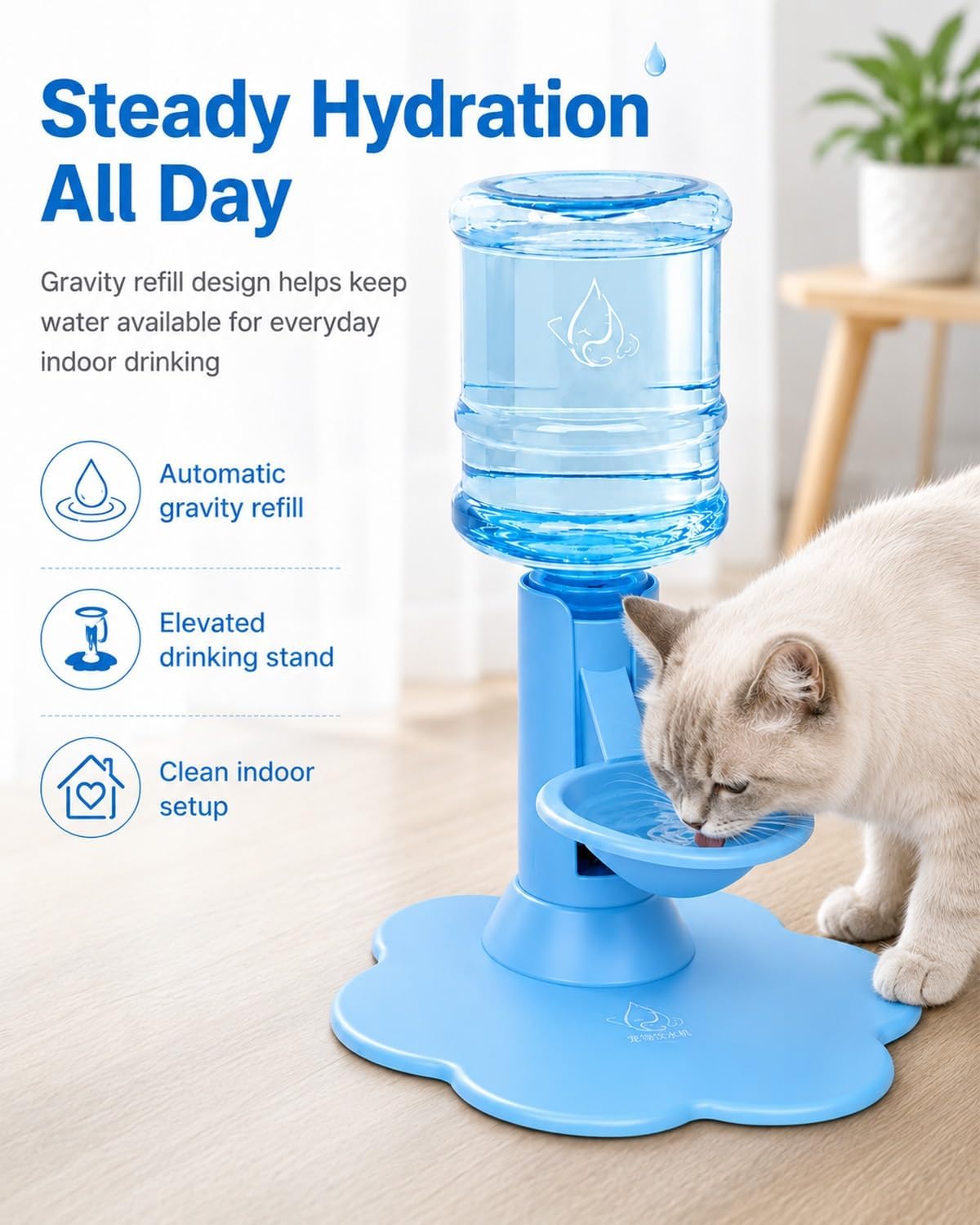 Gravity Cat Water Dispenser Stand, Automatic Refill Bowl, Fits Pets | Elevated Hands Free Hydration Station with Large Capacity Reservoir for Cats Dogs Daily Indoor Drinking(Yellow)