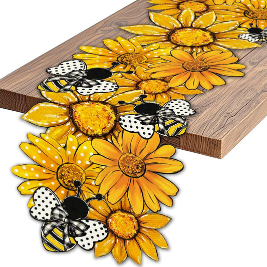 Summer Table Runner Bee Daisy Kitchen Dining Table Centerpiece Yellow Farmhouse Seasonal Decor Yellow Spring Decorations for Home-72 Inches Long