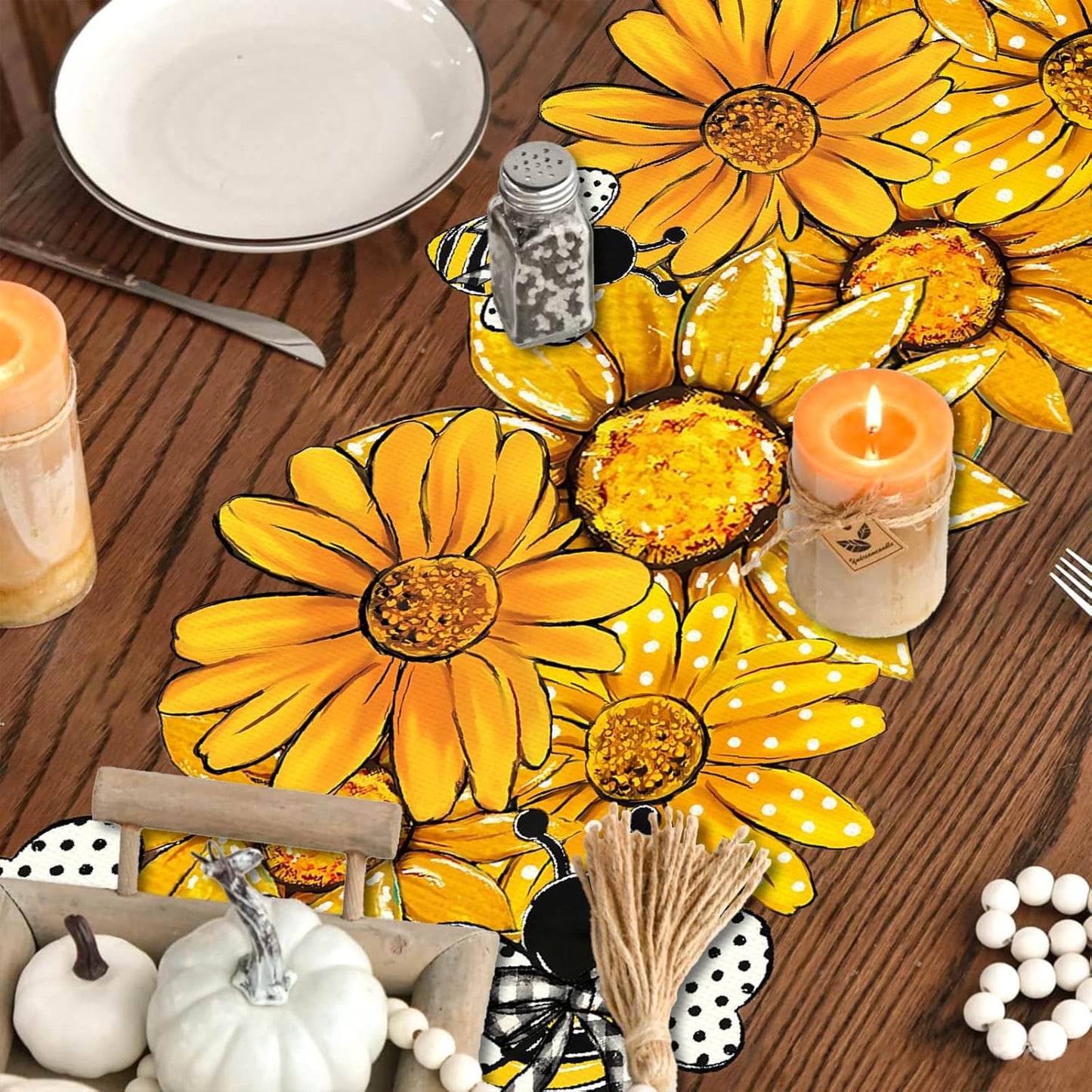 Summer Table Runner Bee Daisy Kitchen Dining Table Centerpiece Yellow Farmhouse Seasonal Decor Yellow Spring Decorations for Home-72 Inches Long