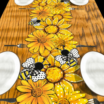 Summer Table Runner Bee Daisy Kitchen Dining Table Centerpiece Yellow Farmhouse Seasonal Decor Yellow Spring Decorations for Home-72 Inches Long
