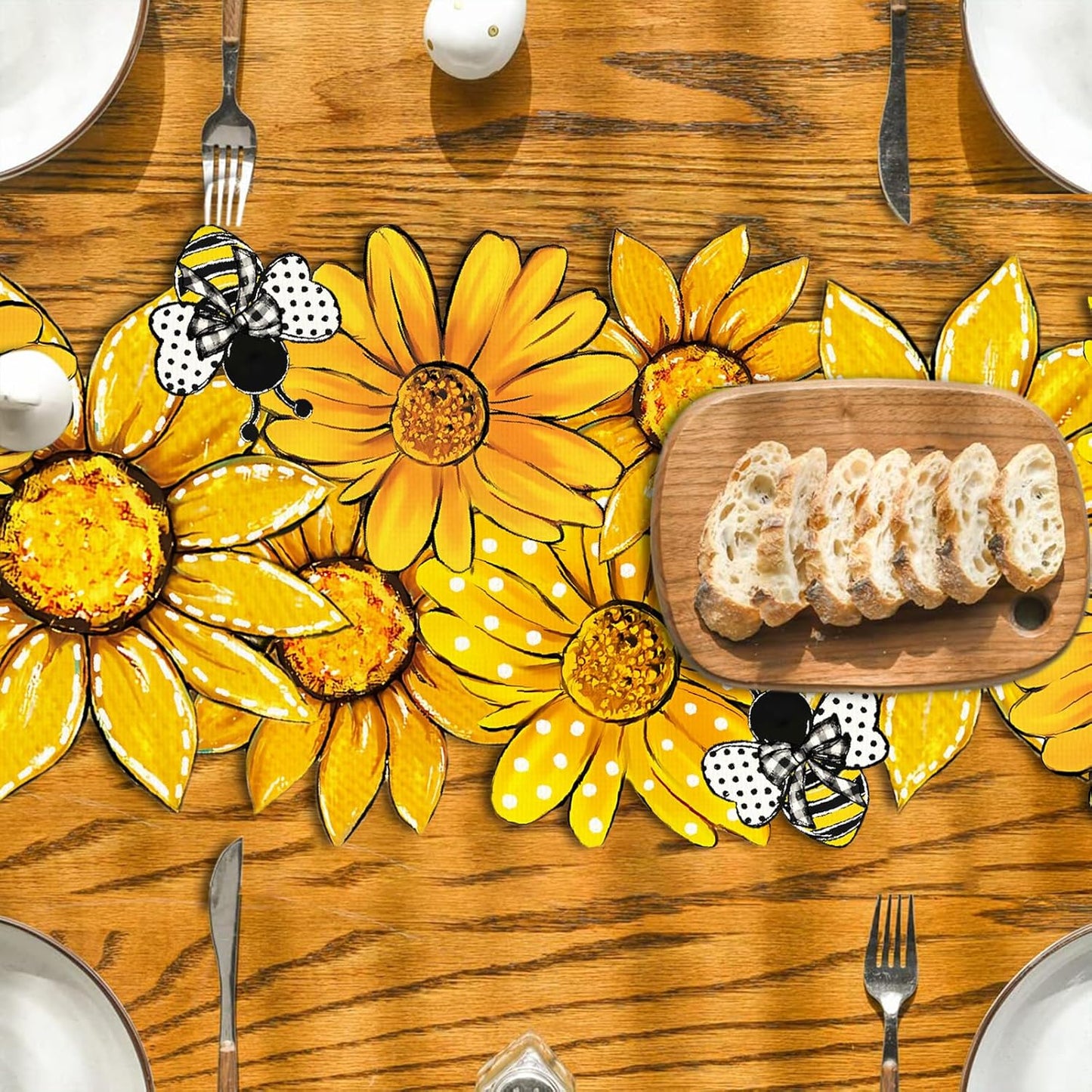 Summer Table Runner Bee Daisy Kitchen Dining Table Centerpiece Yellow Farmhouse Seasonal Decor Yellow Spring Decorations for Home-72 Inches Long