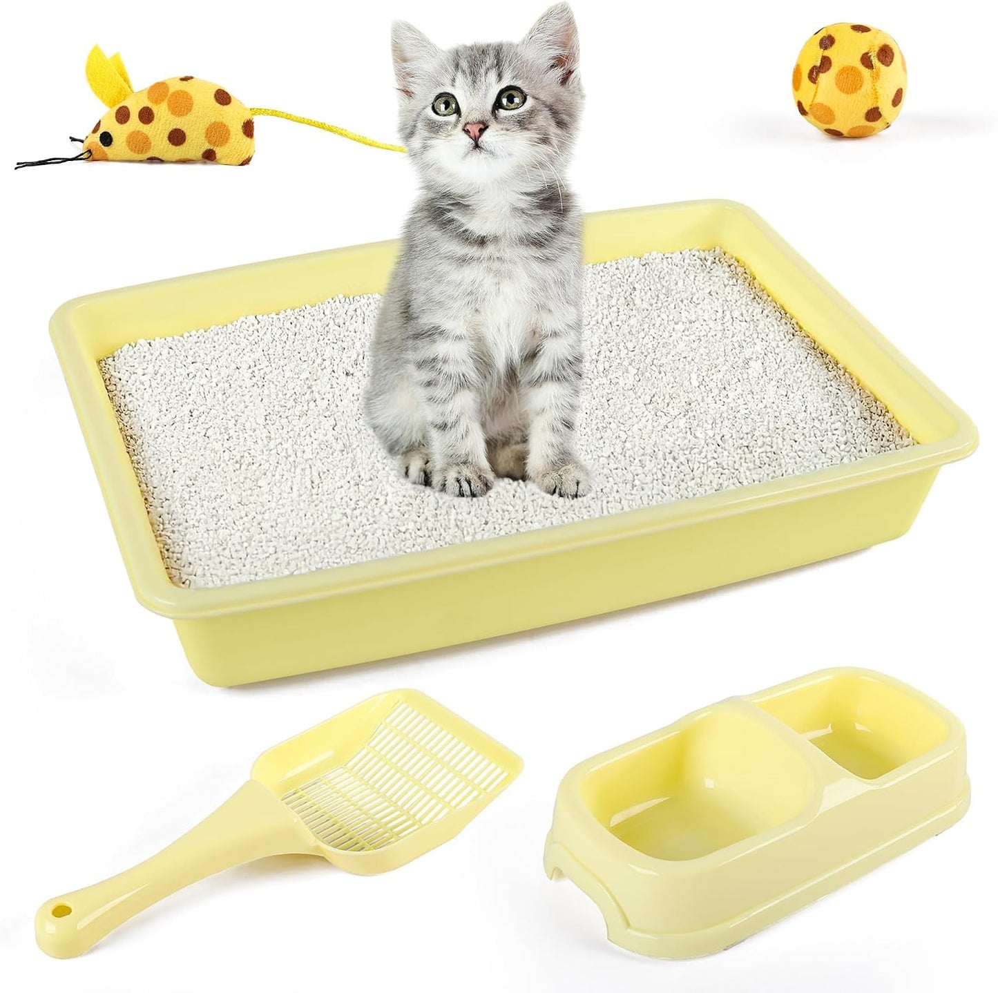 Cat Litter Box Set, Small Kitten Starter Kit, Includes Litter Box, Litter Scoop, Double Dish Feeding Bowl, Cat Mouse Toy, Kitty Ball Toy, Yellow
