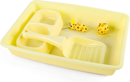 Cat Litter Box Set, Small Kitten Starter Kit, Includes Litter Box, Litter Scoop, Double Dish Feeding Bowl, Cat Mouse Toy, Kitty Ball Toy, Yellow