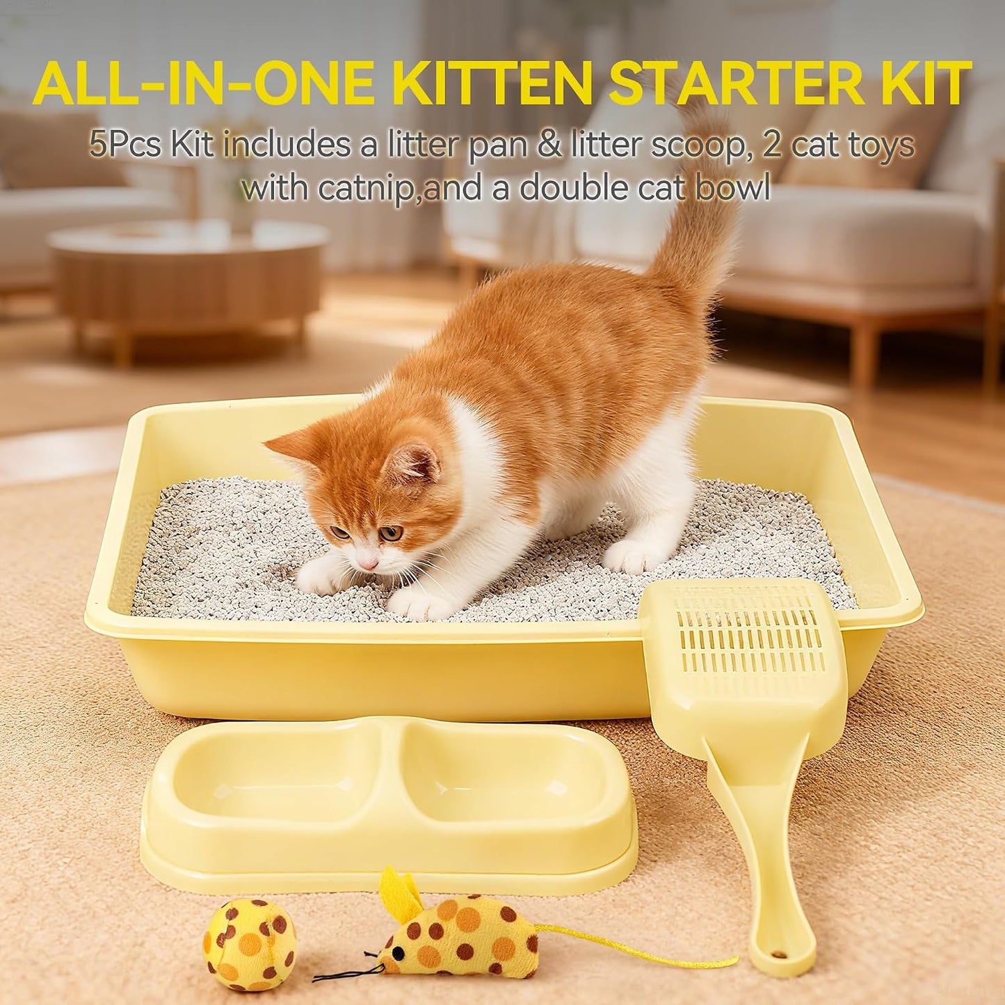 Cat Litter Box Set, Small Kitten Starter Kit, Includes Litter Box, Litter Scoop, Double Dish Feeding Bowl, Cat Mouse Toy, Kitty Ball Toy, Yellow