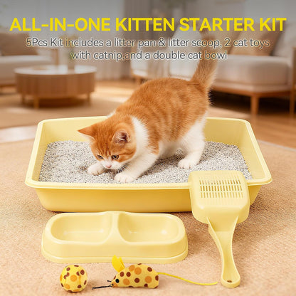 Cat Litter Box Set, Small Kitten Starter Kit, Includes Litter Box, Litter Scoop, Double Dish Feeding Bowl, Cat Mouse Toy, Kitty Ball Toy, Yellow
