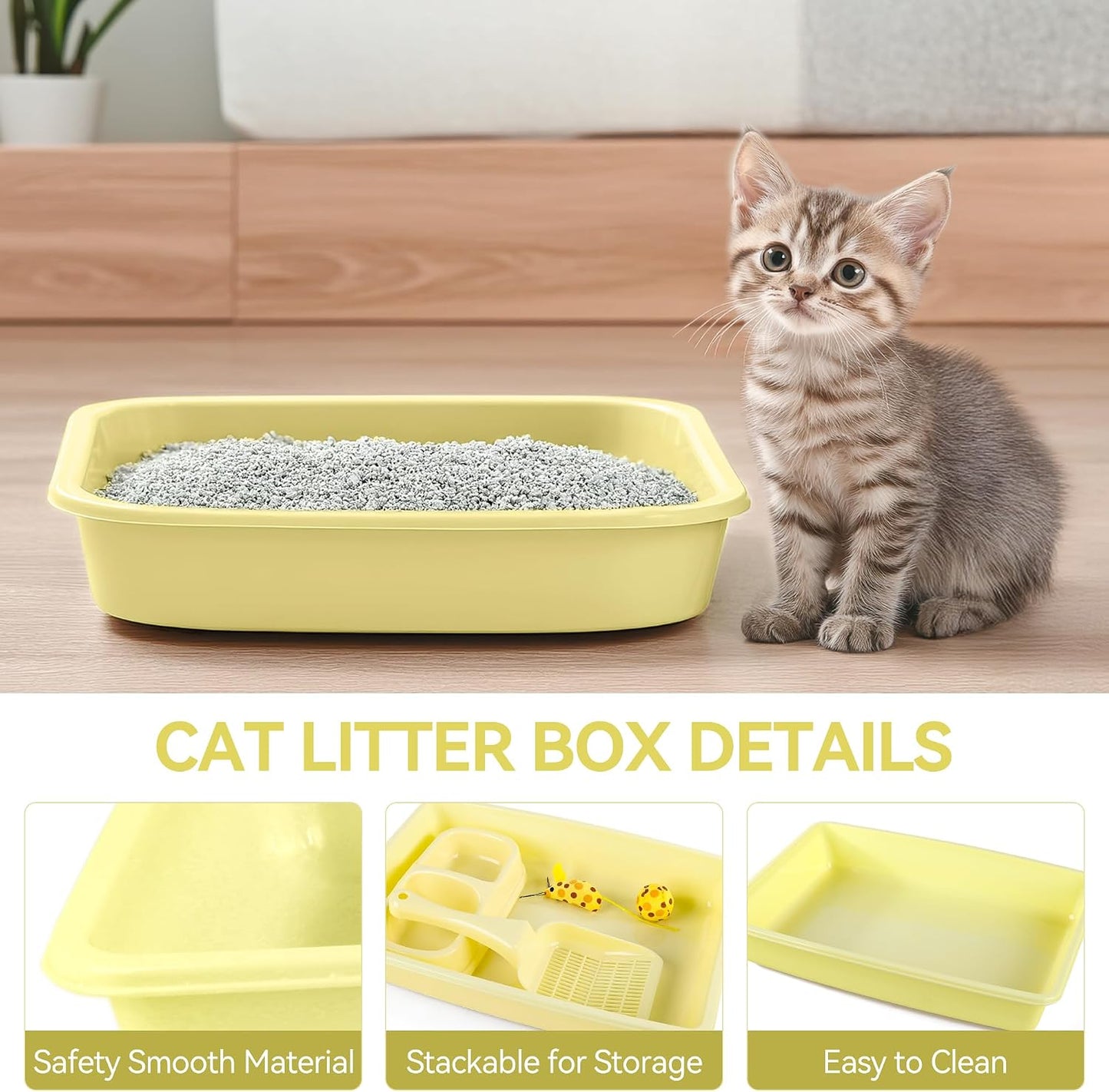 Cat Litter Box Set, Small Kitten Starter Kit, Includes Litter Box, Litter Scoop, Double Dish Feeding Bowl, Cat Mouse Toy, Kitty Ball Toy, Yellow