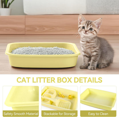 Cat Litter Box Set, Small Kitten Starter Kit, Includes Litter Box, Litter Scoop, Double Dish Feeding Bowl, Cat Mouse Toy, Kitty Ball Toy, Yellow