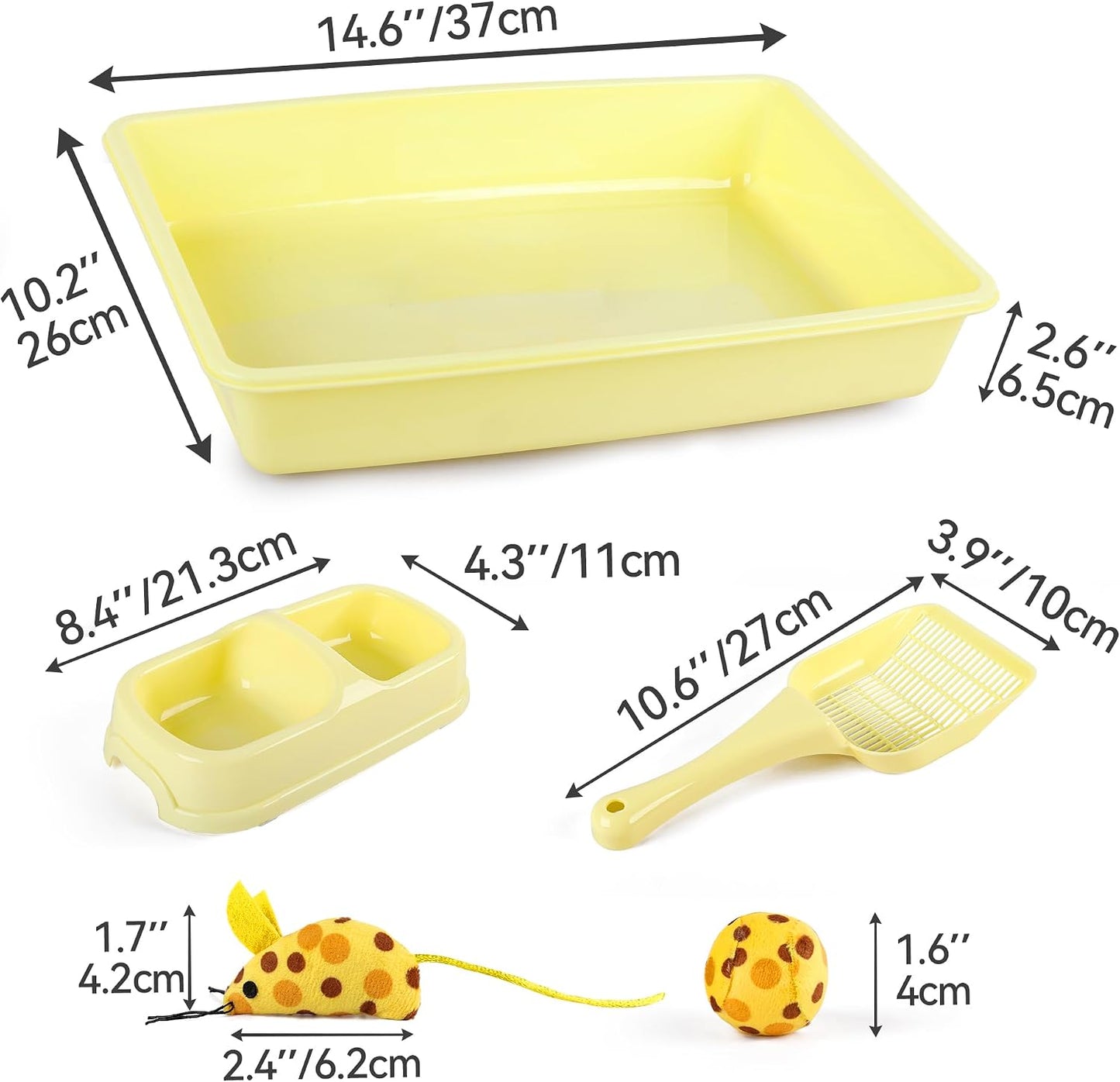Cat Litter Box Set, Small Kitten Starter Kit, Includes Litter Box, Litter Scoop, Double Dish Feeding Bowl, Cat Mouse Toy, Kitty Ball Toy, Yellow