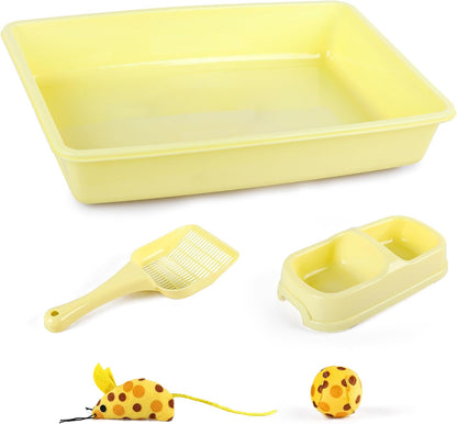 Cat Litter Box Set, Small Kitten Starter Kit, Includes Litter Box, Litter Scoop, Double Dish Feeding Bowl, Cat Mouse Toy, Kitty Ball Toy, Yellow